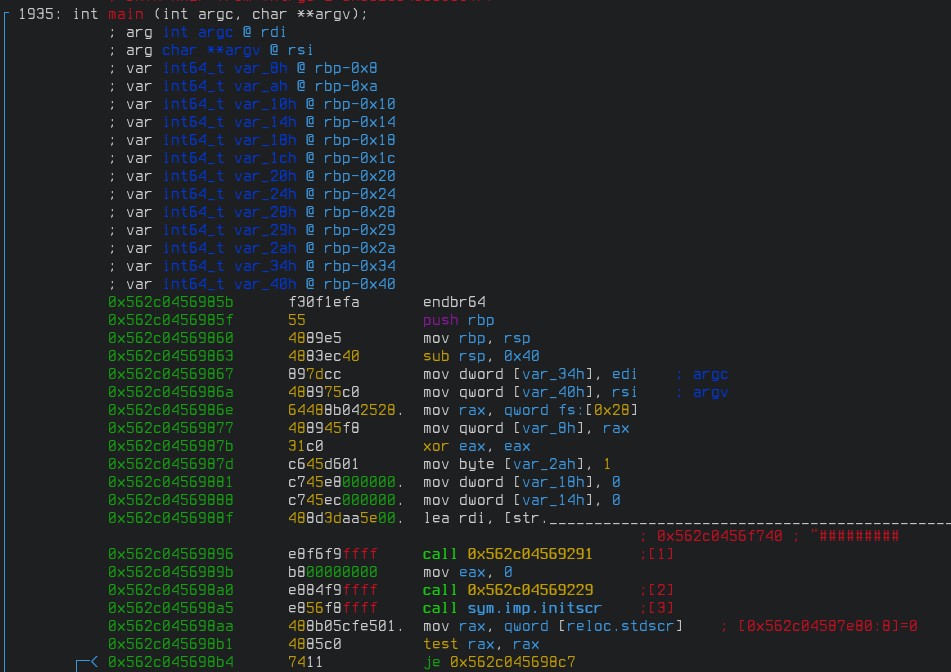 disassembly of the main function in radare2