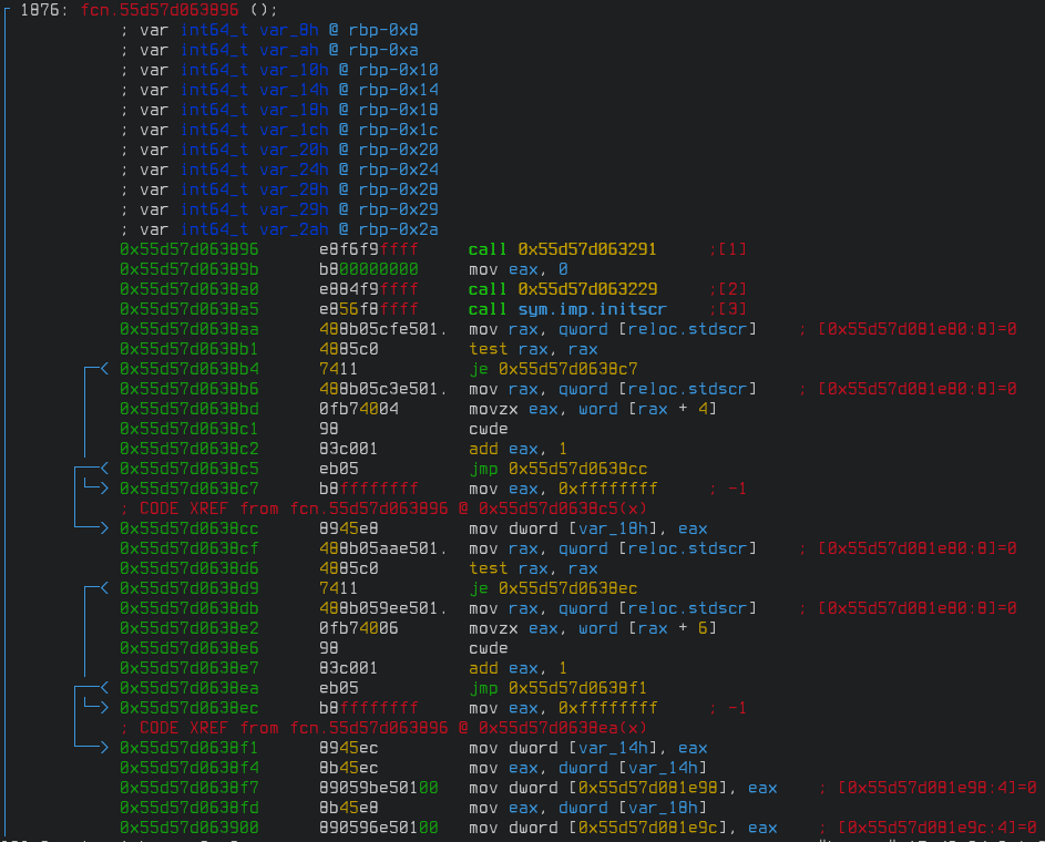 disassembly of the real entry function in radare2